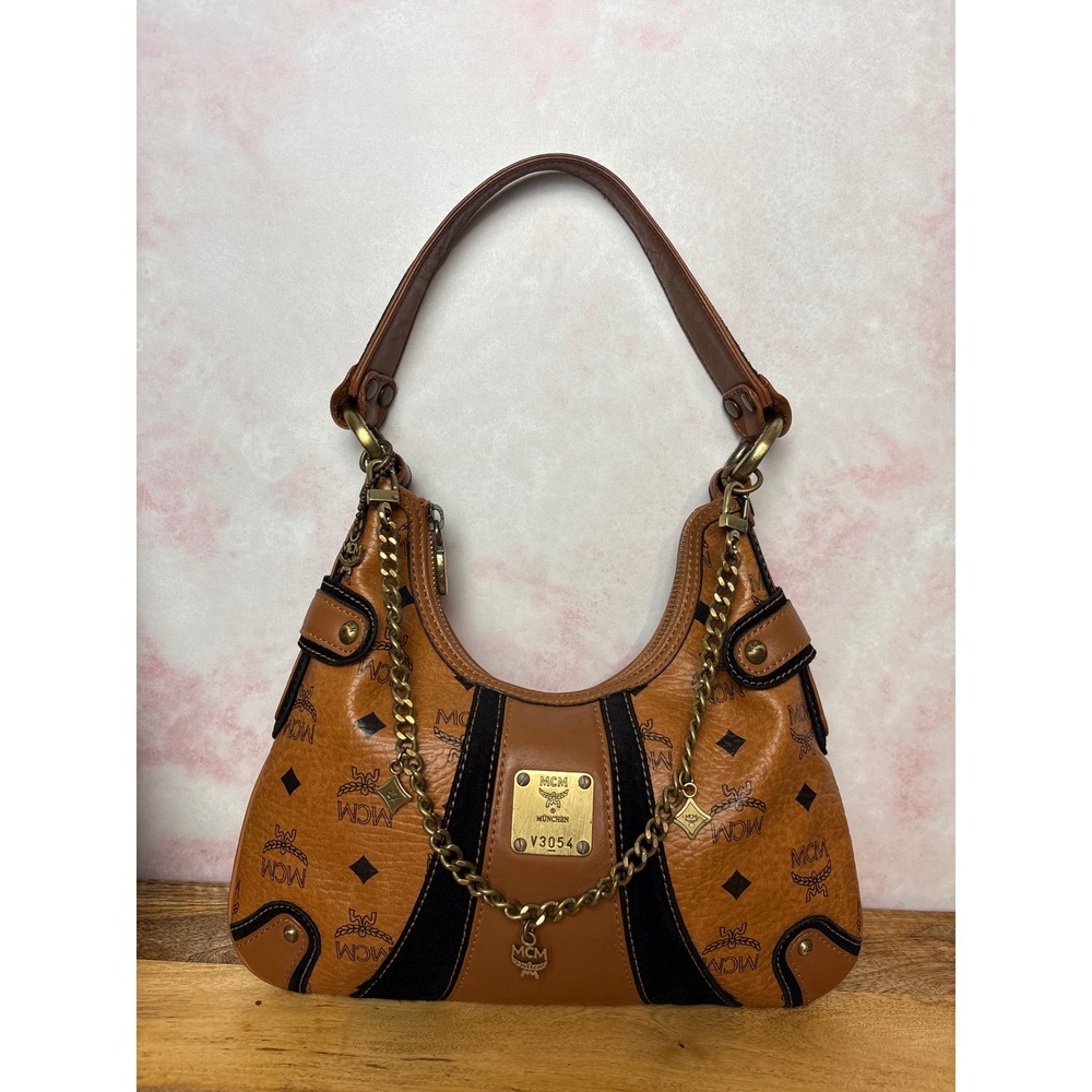 MCM Visetos Cognac and Black Suede Hobo Bag
